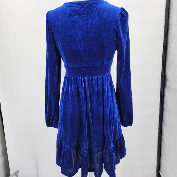 HALARA Deep V Neck Ruffled Hem Velvet Royal Blue Mini Party Dress XS NWT - Picture 9 of 12